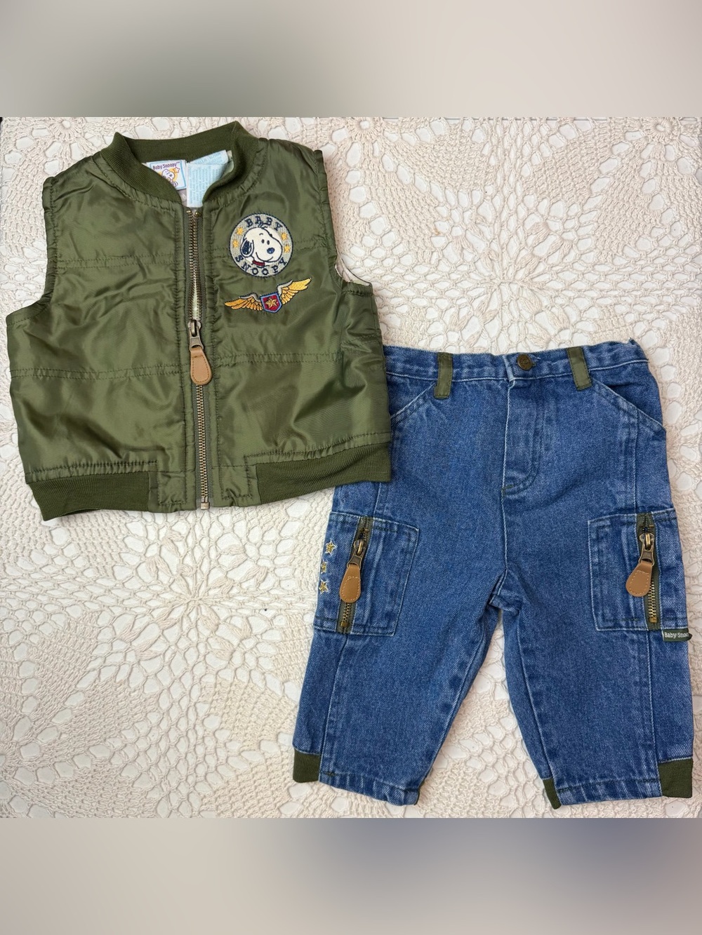 Vintage Y2K Baby Snoopy Boys 6 Months Aviator Vest Denim Jeans Oufit Set
